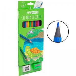 Kit Lápis de Cor Yins Paper 12 Cores com Apontador e Borracha