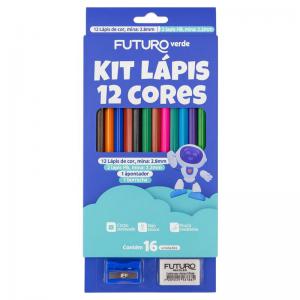 Kit Lápis de Cor 12 Cores Sextavado com Apontador e Borracha Futuro