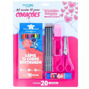 Kit Escolar Completo Corações 20 Peças Futuro