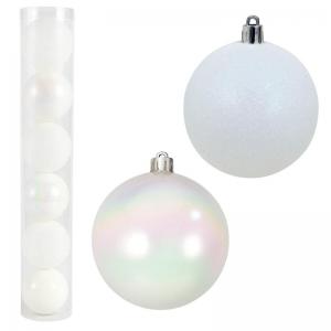Bola de Natal Perolada Glitter Branco 80Mm Kit 6
