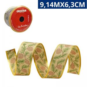 Fita Decorativa Juta Estampa Pinhas Natal 9,14M