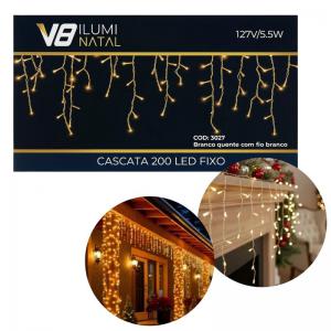 Cascata Pisca Natal Led Branco Quente 200 Lâmpadas Fixas 5M 127V