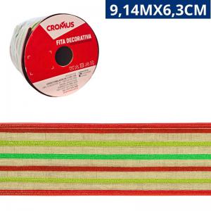 Fita Decorativa Poliéster Listrada Juta Glitter Verde/Vermelho