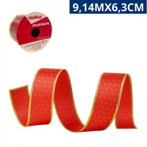 Fita Decorativa Vermelho Ouro Cetim Natal 9,14M