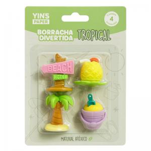 Borracha Escolar Divertida Tropical Yins 4Cm Kit com 4 Unidades