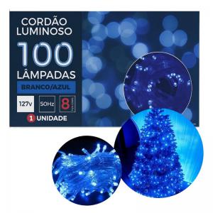 Cordão Luminoso Led Azul e Branco 100 Lâmpadas 9 Metros 127V Natal
