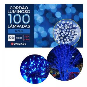 Cordão Luminoso Led Azul 100 Lâmpadas Fixas com Strobo Branco, 10M, 220V, À Prova D'água