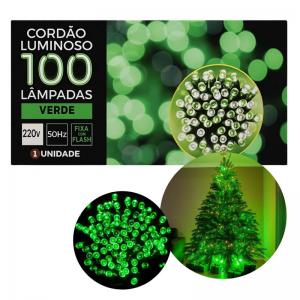 Cordão Luminoso Led Verde 100 Lâmpadas Fixas com Strobo Branco 10M 220V