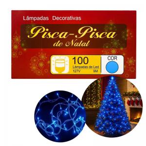 Pisca-Pisca Natalino Led Azul 100 Lâmpadas 9M 127V Fio Transparente