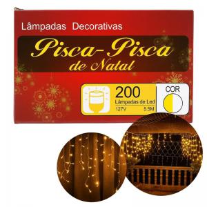 Pisca-Pisca Cascata Natal Led Branco Quente 200 Lâmpadas Sequencial 5,5M 127V Coruja Azul