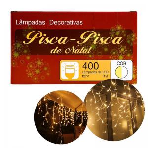 Pisca-Pisca Natal Cascata Led Branco Quente 400 Lâmpadas Fio Transparente 127V 11M