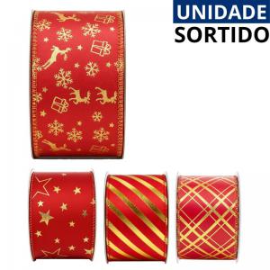 Fita Decorativa Vermelha Velvet Estampas Natalinas Poliéster 9,1M X 6,3Cm Multiart