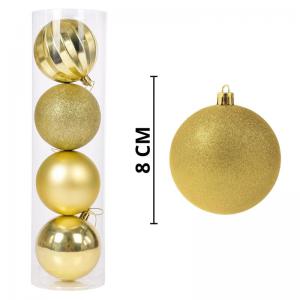 Kit 4 Bolas de Natal 80Mm Decoradas com Glitter Dourado - Multiart