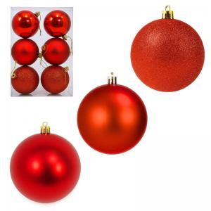 Bola de Natal Vermelha 80Mm Decorativa Fosca e Glitter com 6 Unidades