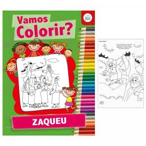 Livro de Colorir e História Bíblica Zaqueu 8 Páginas Educativo Infantil