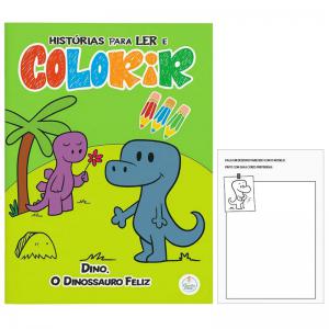 Livro de Colorir e História 'Dino, o Dinossauro Feliz' 16 Páginas Educativo Infantil