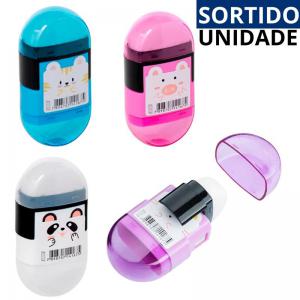 Apontador de Plástico com Depósito e Borracha, 1 Furo, Colorido