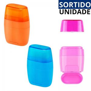 Apontador Plástico e Borracha com Depósito Duplo Furo Escolar Colorido
