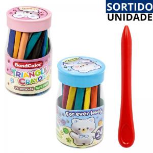 Giz de Cera Triangular Curto 24 Cores Pote Sortido para Desenho