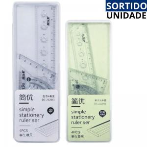 Kit Geométrico Escolar com Estojo 4 Peças - Régua, Esquadros e Transferidor