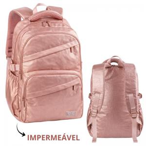 Mochila Escolar Juvenil Crinkle Metalizada Impermeável Rose Gold 44X30X13Cm
