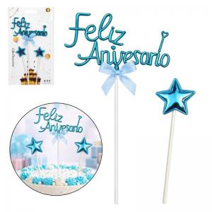 Topo de Bolo Feliz Aniversário Azul Kit com 3 Peças para Decoração