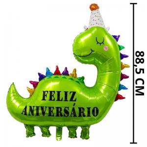 Balão Metalizado Dinossauro Verde 86X88,5Cm com Frase Feliz Aniversário