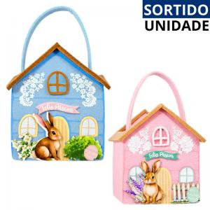 Cestinha de Páscoa Feltro Casinha Decorada 15X12X9,5Cm Coelhinhos Estampados