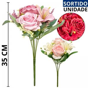 Buquê de Rosas Abertas com Complementos Sortidos 35Cm Decoração Romântica