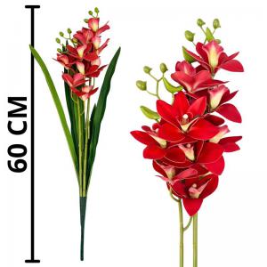 Haste Orquídea Vermelha com Folhagens 60Cm Decoração Flor Artificial