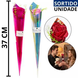 Botão de Rosa Unitário com Embalagem para Presente 37Cm Cores Sortidas