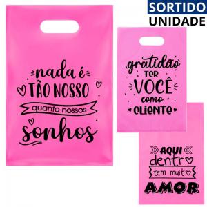Sacola Plástica Boca de Palhaço 25X35Cm Pink com Frases Sortidas