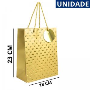 Sacola para Presente Dourada Decorada com Coração 23X18X10Cm Luxo