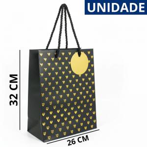 Sacola Presente Preta Decorada com Coração 32X26X12Cm - Embalagem Elegante