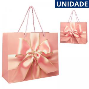 Sacola para Presente Rosa Decorada com Laço 26X32X11Cm - Embalagem Charmosa