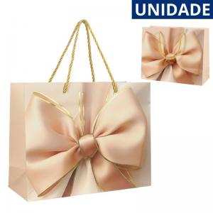Sacola Presente Bege Decorada com Laço 17,5X23X10Cm Embalagem Elegante