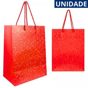Sacola Presente Vermelha Decorada com Coração 23X17,5X10Cm Ideal para Presentes