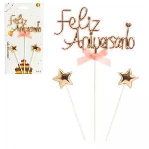 Topo de Bolo Feliz Aniversário Rose Dourado 3 Peças Decoração Festa