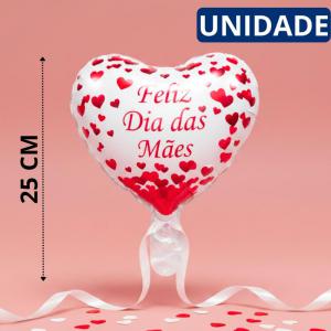 Balão Metalizado Coração Branco 25Cm Frase Feliz Dia das Mães