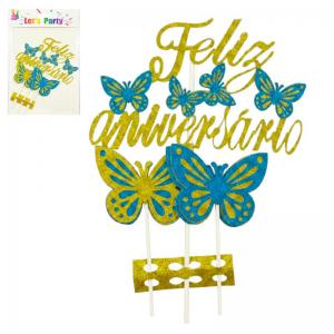 Topo de Bolo Feliz Aniversário Borboleta Dourada Kit 5 Peças