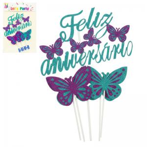 Topo de Bolo Feliz Aniversário com Borboletas Azuis - Kit com 5 Peças