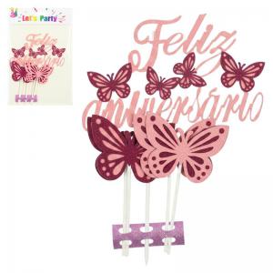 Topo de Bolo Feliz Aniversário com Borboletas Rosa, Kit 5 Peças