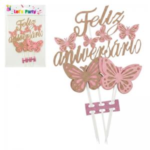 Topo de Bolo Feliz Aniversário Borboleta Rosé Kit com 5 Peças Decoração Festiva
