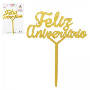 Topo de Bolo Feliz Aniversário Dourado Decoração Festiva Elegante