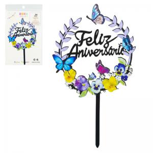 Topo de Bolo Preto Feliz Aniversário Decorado - Decoração de Festa