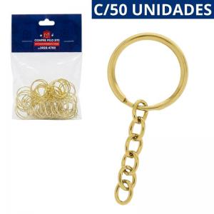 Argola Metal Dourada para Chaveiro com Corrente Fina Kit 50 Unidades