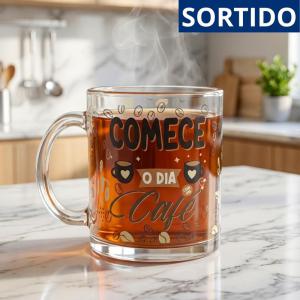 Caneca Vidro Decorada Frases Sortidas Café 335Ml Caixa Presente Criativo