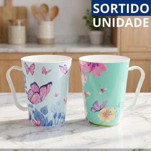 Caneca Plástica Cônica Estampa Borboletas 430Ml Decorativa Café Presente
