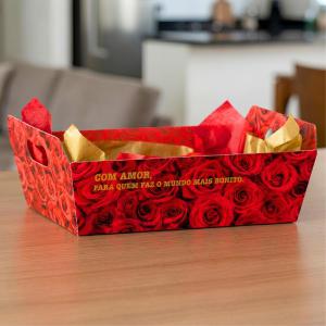 Cesta Papelão Decorada Scarlet Retangular Vermelha Alça 21X8X15Cm Presente