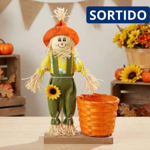 Espantalho Decorativo Festa Junina 22Cm com Macacão Cesto Palha Diploma